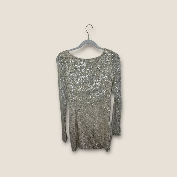 Edit By Nine Silver Sequin Open Back Cowl Long Sleeve Dress NWT Size Medium - Picture 1 of 6